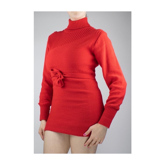 Vintage 80’S Red Ribbed Turtleneck Sweater Dress - Picture 2 of 4